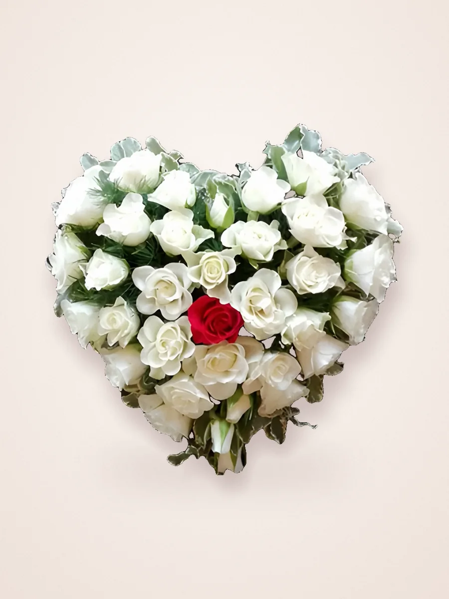 Heart of white roses with one red rose in the middle