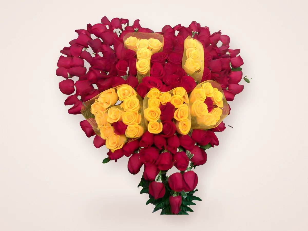 Heart of red roses with TI AMO written in yellow roses